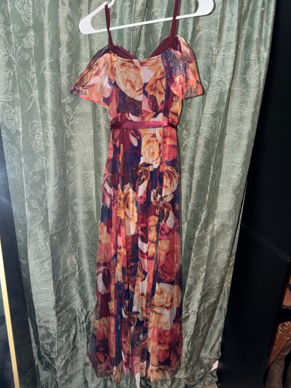 Floral Burgundy Off-Shoulder Maxi Dress with Tie Waist - Picture 2 of 3